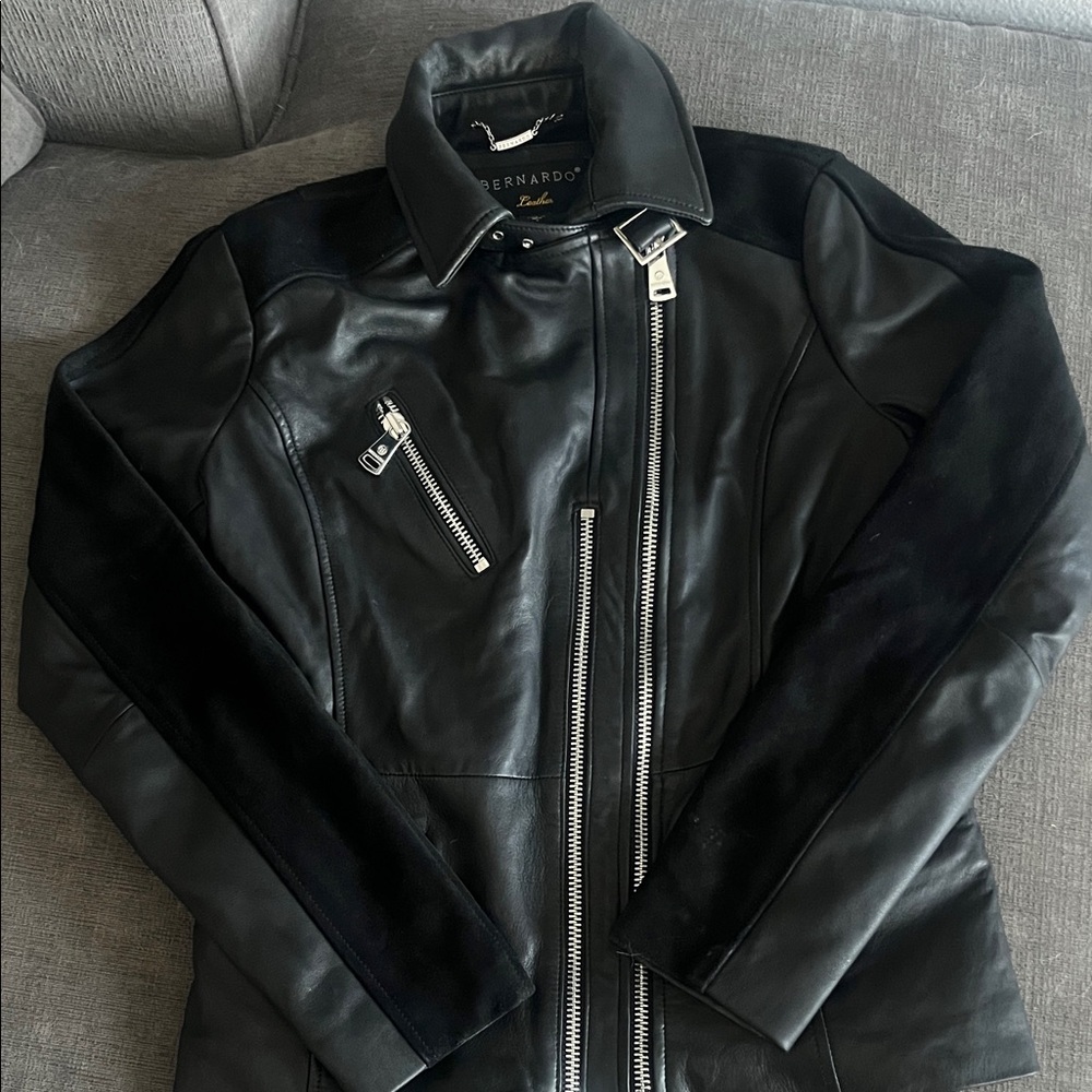 Bernardo Black Leather Jacket with Suede Details